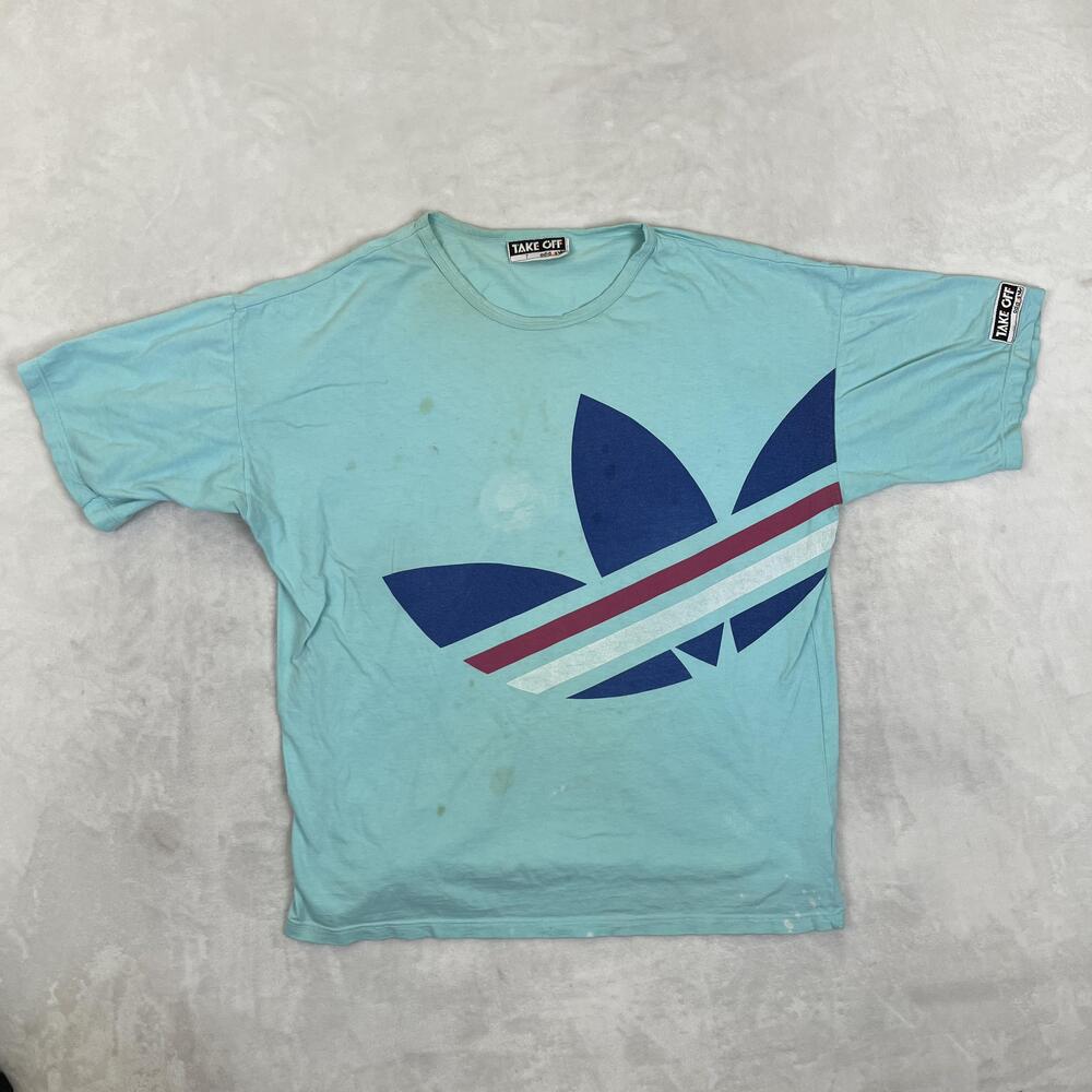 Vintage Adidas Shirt Mens Large Blue Take Off Trefoil Logo Graphic Tee 1980s